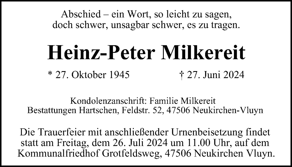  Traueranzeige für Heinz-Peter Milkereit vom 20.07.2024 aus Tageszeitung