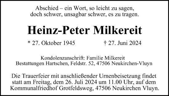 Traueranzeige von Heinz-Peter Milkereit von Tageszeitung
