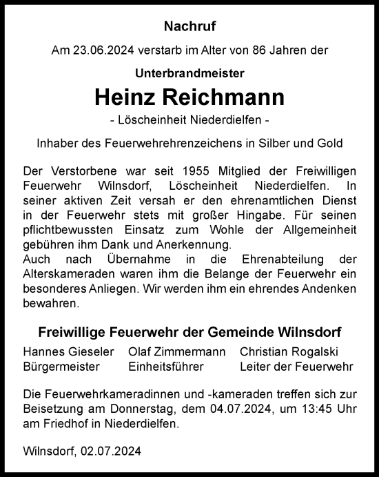 Traueranzeige von Heinz Reichmann von Tageszeitung