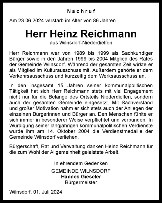 Traueranzeige von Heinz Reichmann von Tageszeitung