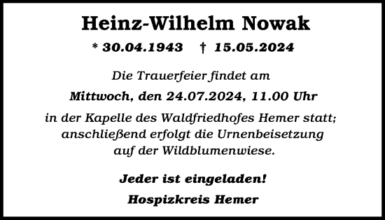 Traueranzeige von Heinz-Wilhelm Nowak von Tageszeitung