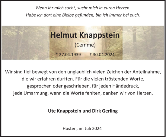 Traueranzeige von Helmut Knappstein von Tageszeitung