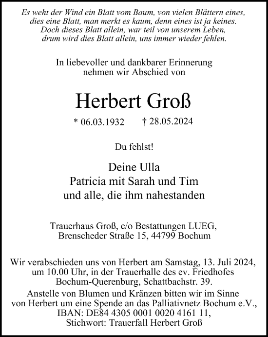 Traueranzeige von Herbert Groß von Tageszeitung
