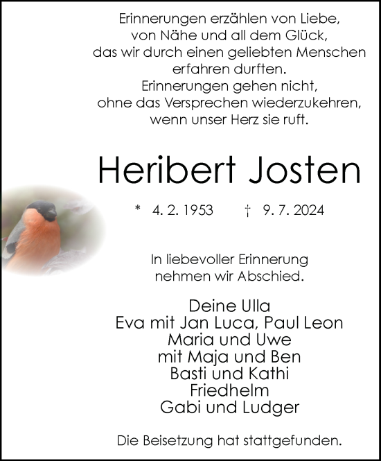Traueranzeige von Heribert Josten von Tageszeitung