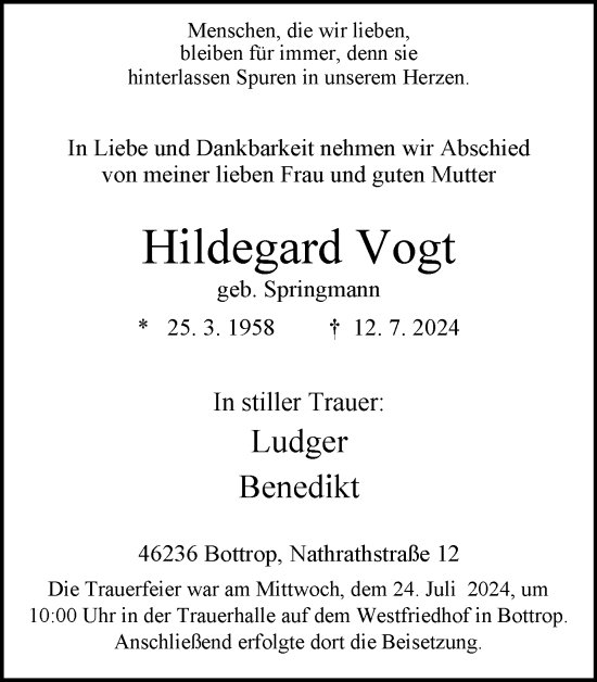 Traueranzeige von Hildegard Vogt von Tageszeitung