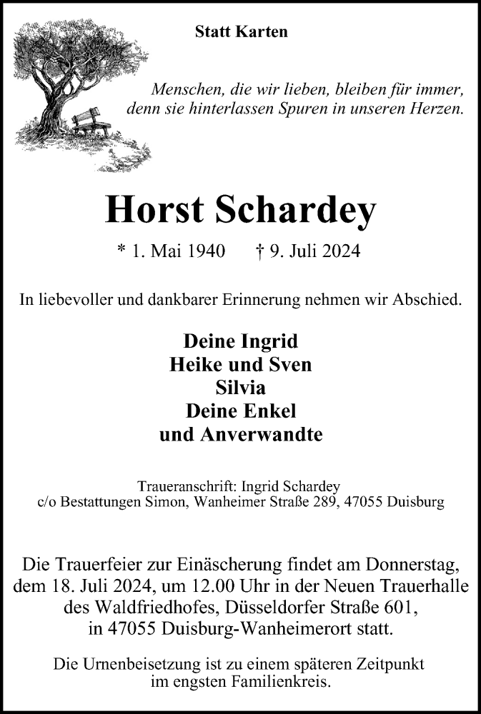  Traueranzeige für Horst Schardey vom 13.07.2024 aus Tageszeitung