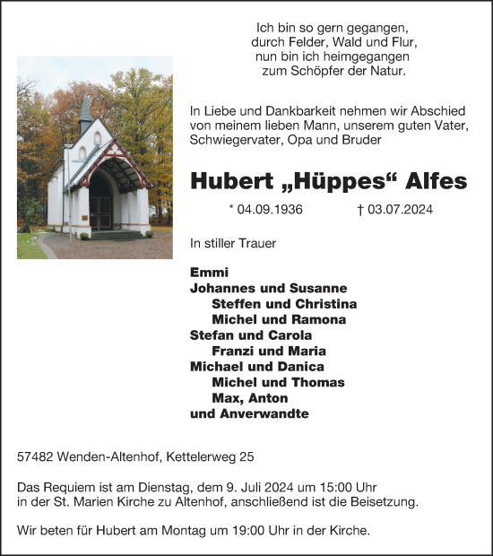 Traueranzeige von Hubert Alfes von Tageszeitung