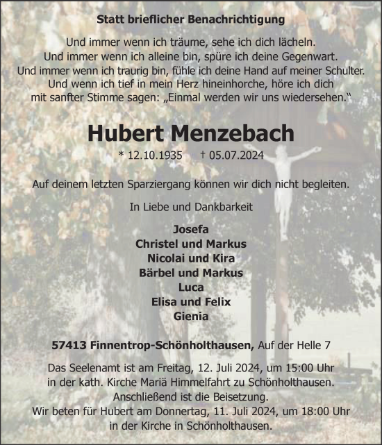 Traueranzeige von Hubert Menzebach von Tageszeitung