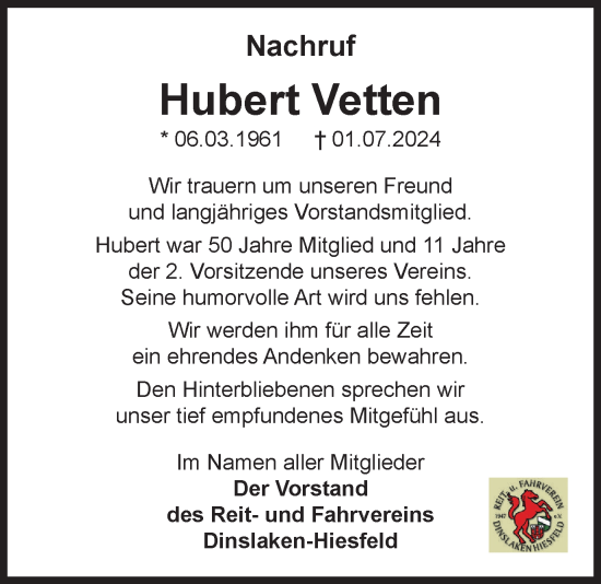 Traueranzeige von Hubert Vetten von Tageszeitung