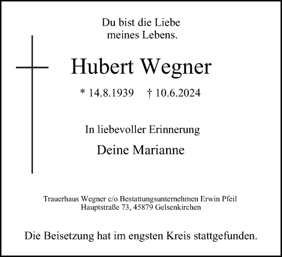 Traueranzeige von Hubert Wegner von Tageszeitung