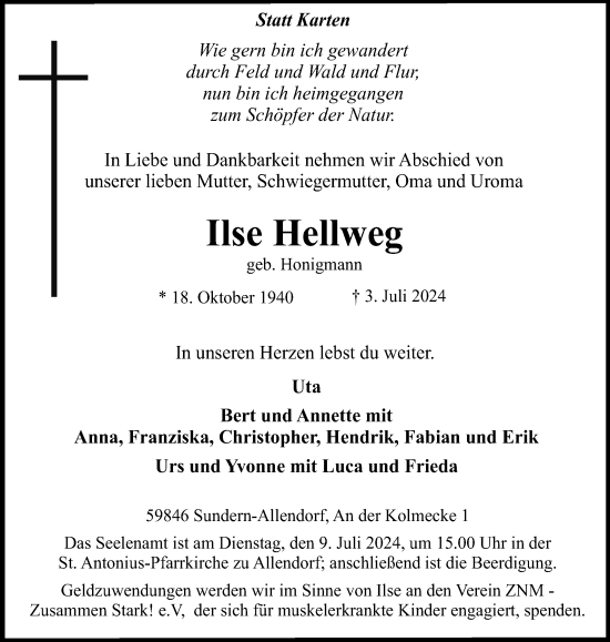 Traueranzeige von Ilse Hellweg von Tageszeitung