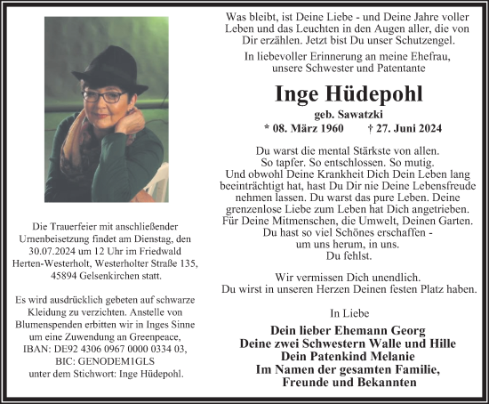 Traueranzeige von Inge Hüdepohl von Tageszeitung