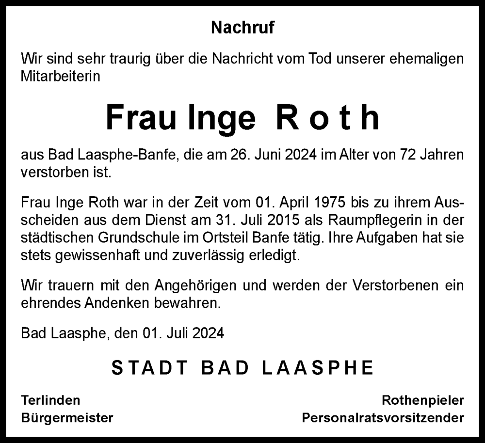  Traueranzeige für Inge Roth vom 04.07.2024 aus Tageszeitung