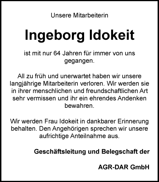 Traueranzeige von Ingeborg Idokeit von Tageszeitung