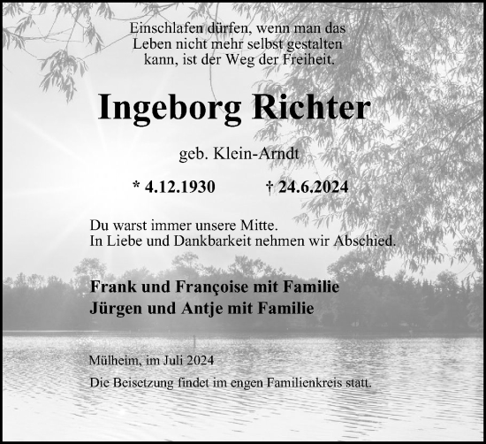 Traueranzeige von Ingeborg Richter von Tageszeitung