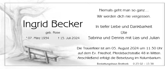 Traueranzeige von Ingrid Becker von Tageszeitung