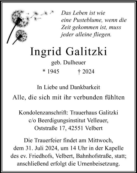 Traueranzeige von Ingrid Galitzki von Tageszeitung