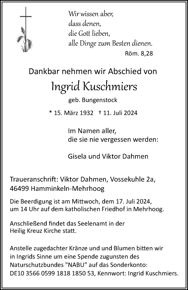  Traueranzeige für Ingrid Kuschmiers vom 13.07.2024 aus Tageszeitung