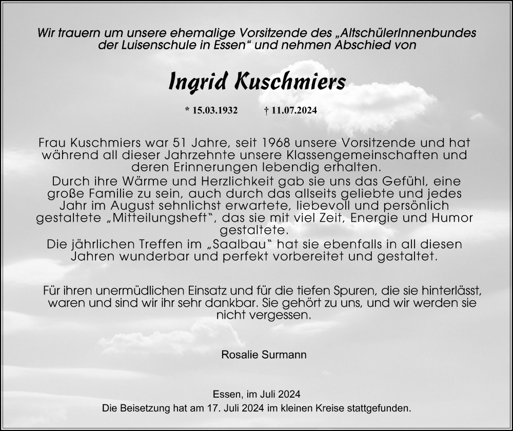  Traueranzeige für Ingrid Kuschmiers vom 20.07.2024 aus Tageszeitung