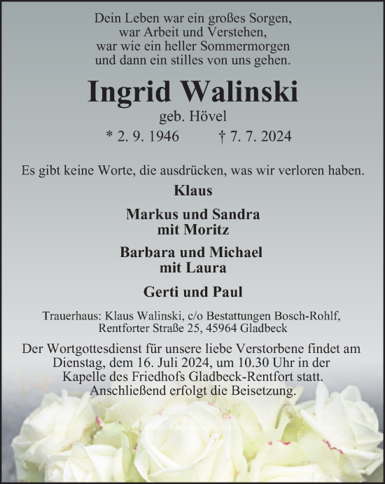Traueranzeige von Ingrid Walinski von Tageszeitung
