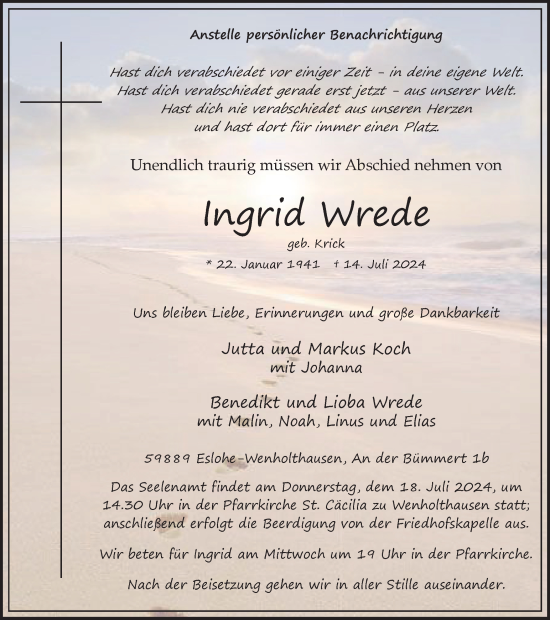 Traueranzeige von Ingrid Wrede von Tageszeitung