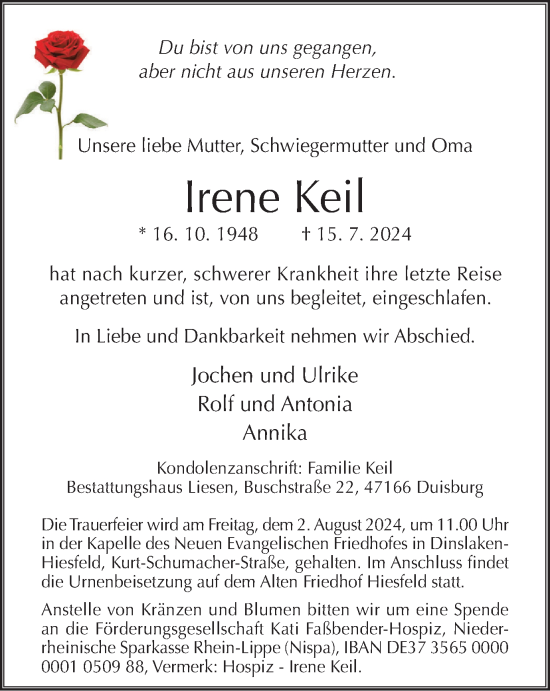 Traueranzeige von Irene Keil von Tageszeitung