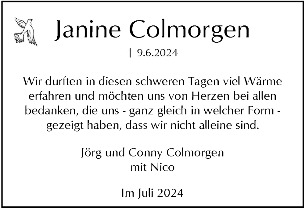  Traueranzeige für Janine Colmorgen vom 20.07.2024 aus Tageszeitung