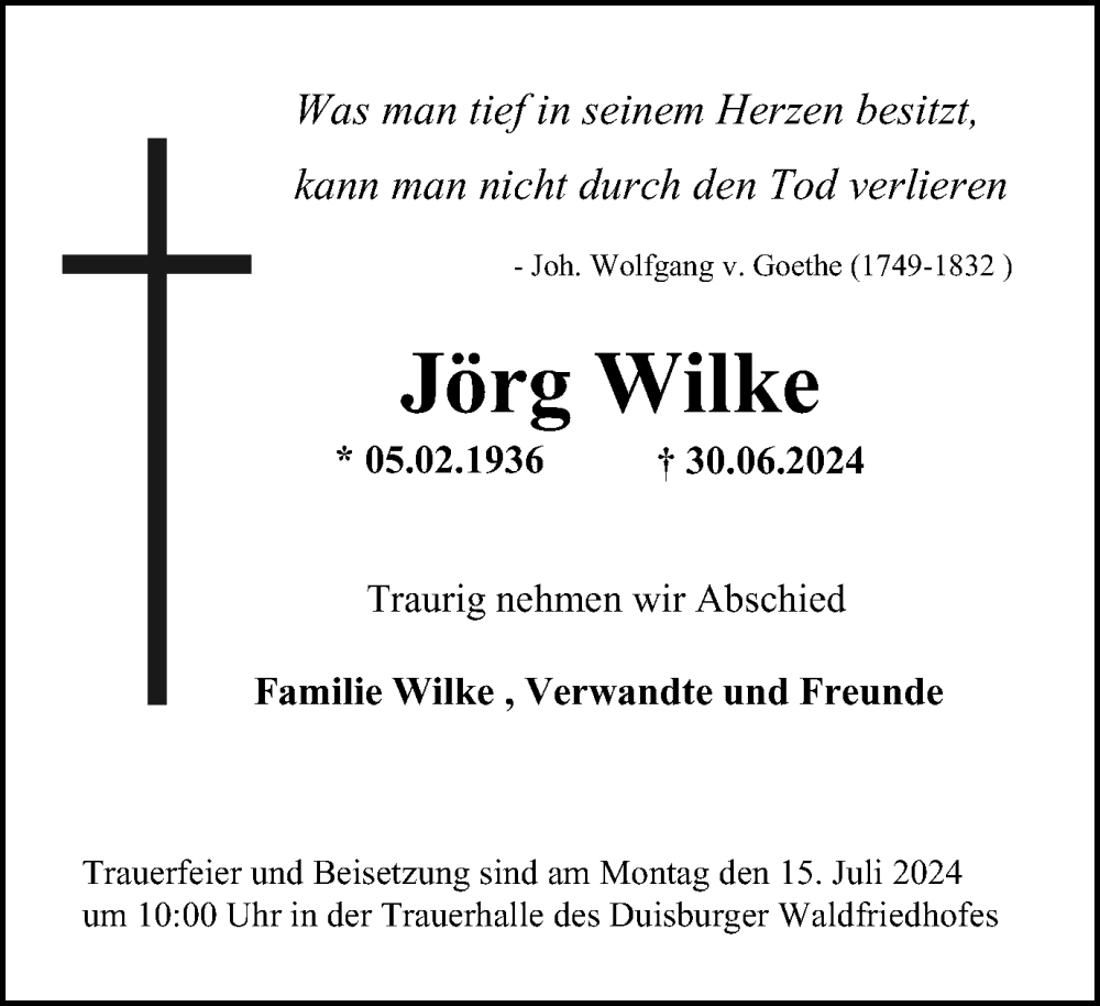  Traueranzeige für Jörg Wilke vom 06.07.2024 aus Tageszeitung