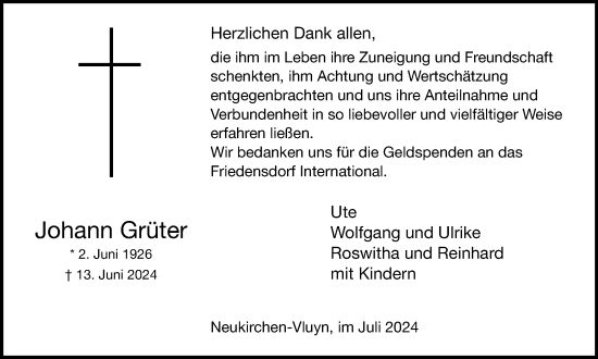 Traueranzeige von Johann Grüter von Tageszeitung