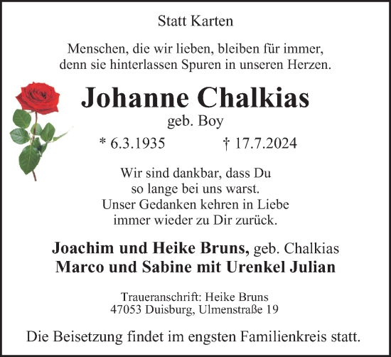 Traueranzeige von Johanne Chalkias von Tageszeitung
