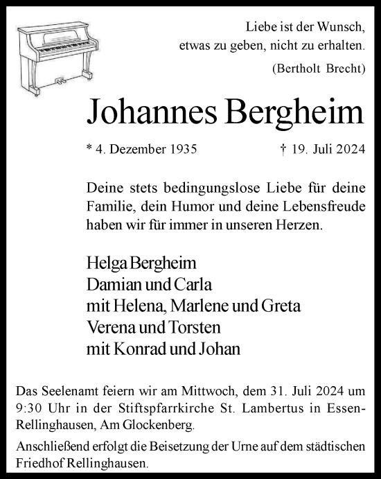 Traueranzeige von Johannes Bergheim von Tageszeitung