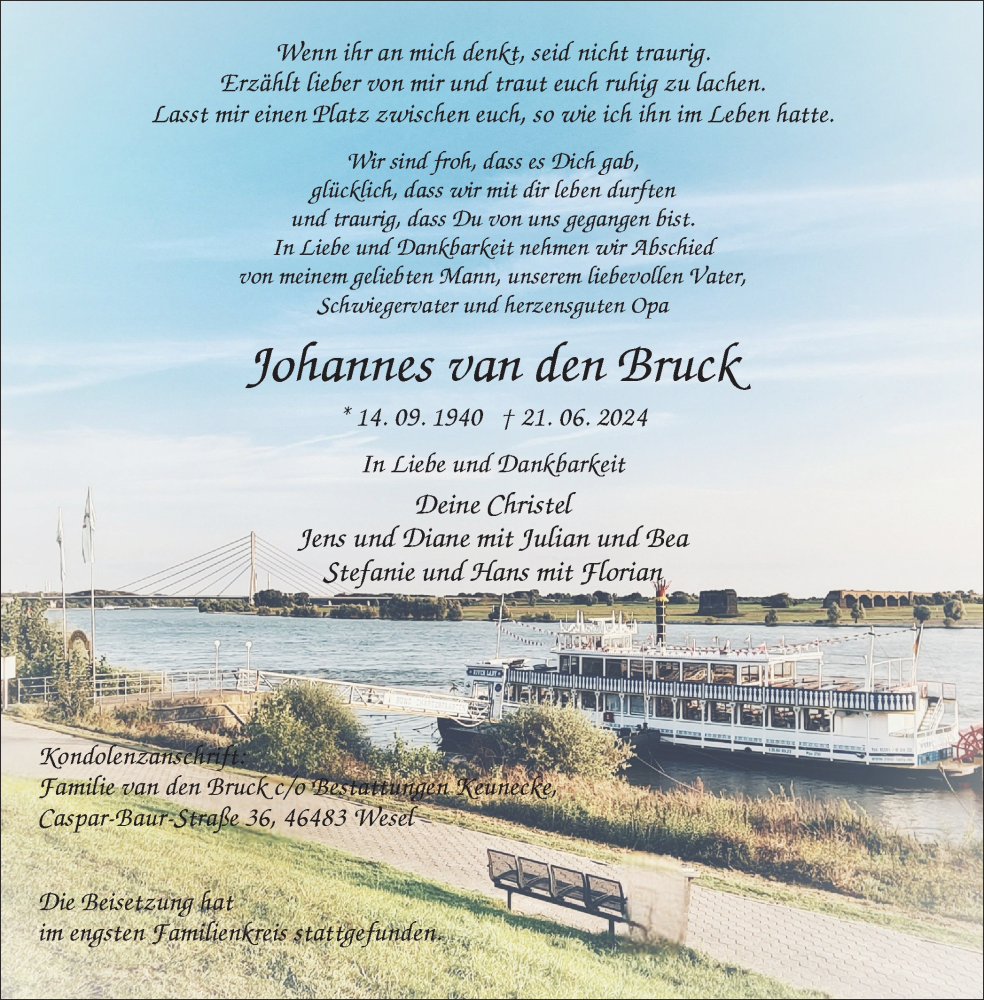  Traueranzeige für Johannes van den Bruck vom 13.07.2024 aus Tageszeitung