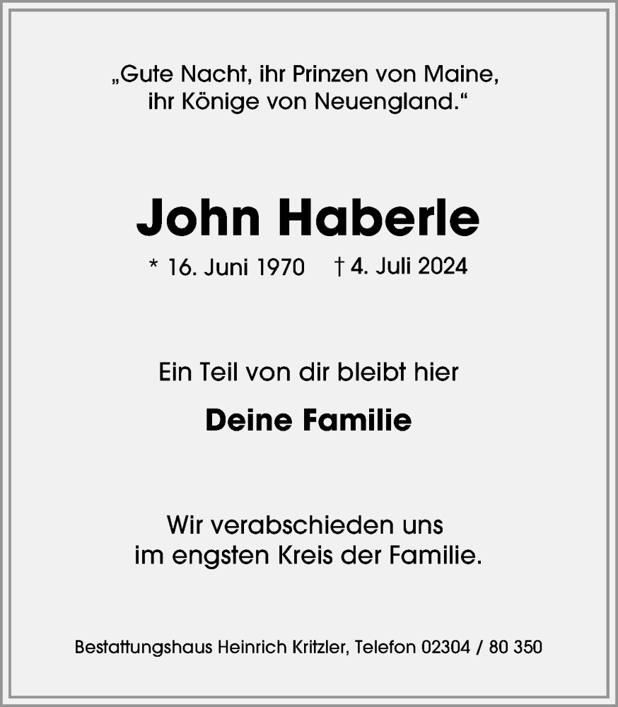  Traueranzeige für John Haberle vom 13.07.2024 aus Tageszeitung