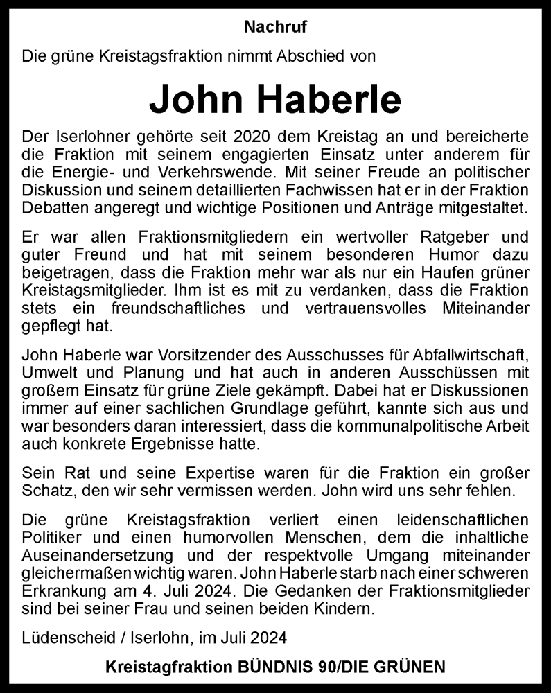  Traueranzeige für John Haberle vom 13.07.2024 aus Tageszeitung