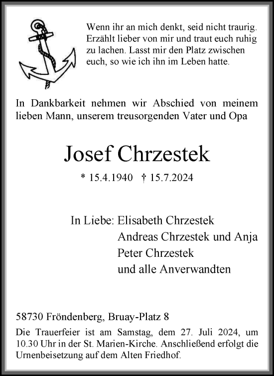 Traueranzeige von Josef Chrzestek von Tageszeitung