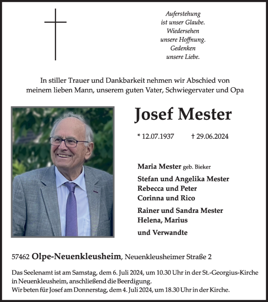 Traueranzeige von Josef Mester von Tageszeitung