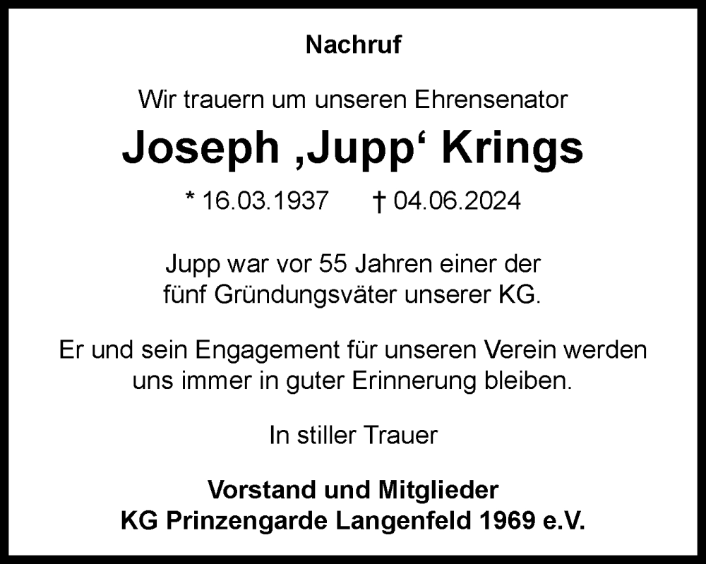  Traueranzeige für Joseph Krings vom 06.07.2024 aus Tageszeitung
