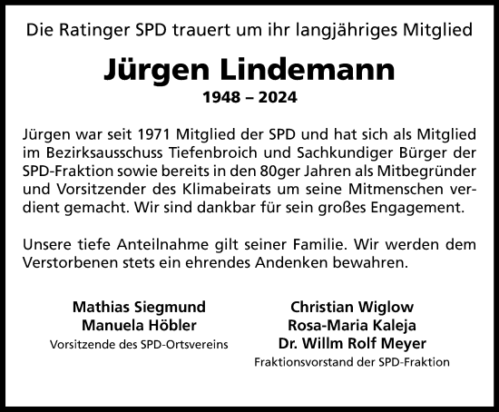 Traueranzeige von Jürgen Lindemann von Tageszeitung
