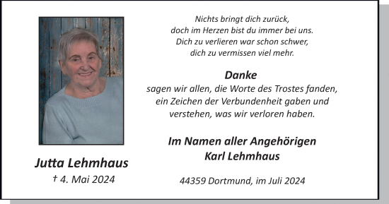 Traueranzeige von Jutta Lehmhaus von Tageszeitung