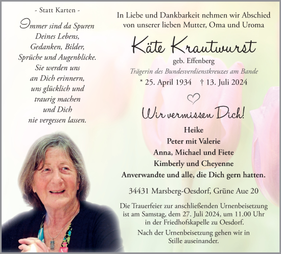 Traueranzeige von Käte Krautwurst von Tageszeitung