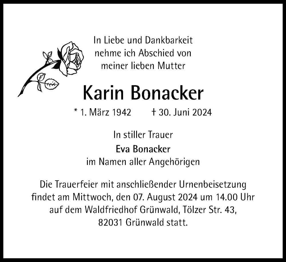  Traueranzeige für Karin Bonacker vom 27.07.2024 aus Tageszeitung