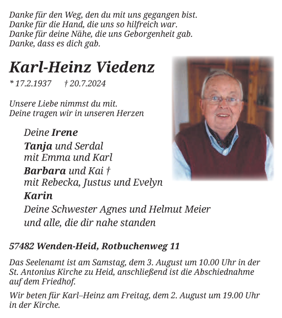 Traueranzeige von Karl-Heinz Viedenz von Tageszeitung