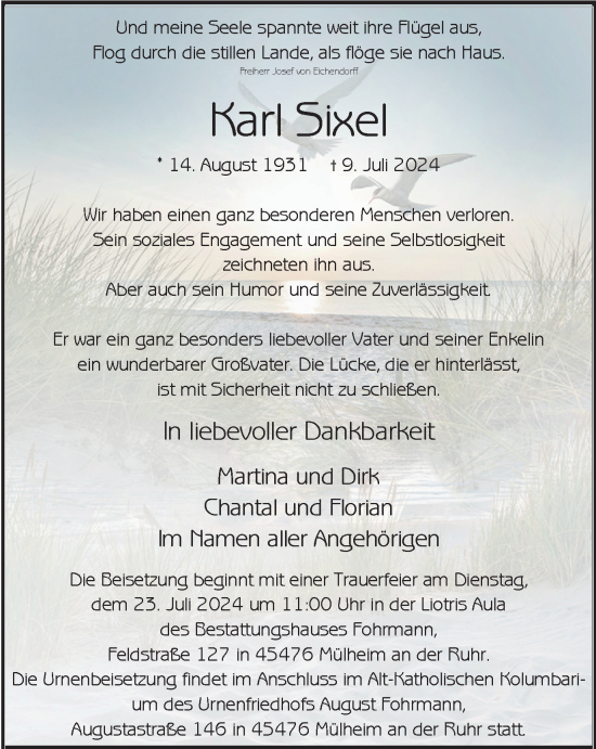 Traueranzeige von Karl Sixel von Tageszeitung