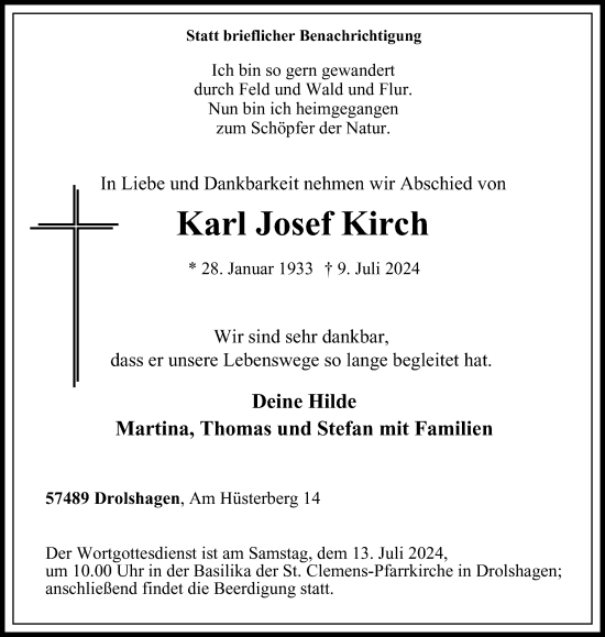 Traueranzeige von Karl Josef Kirch von Tageszeitung