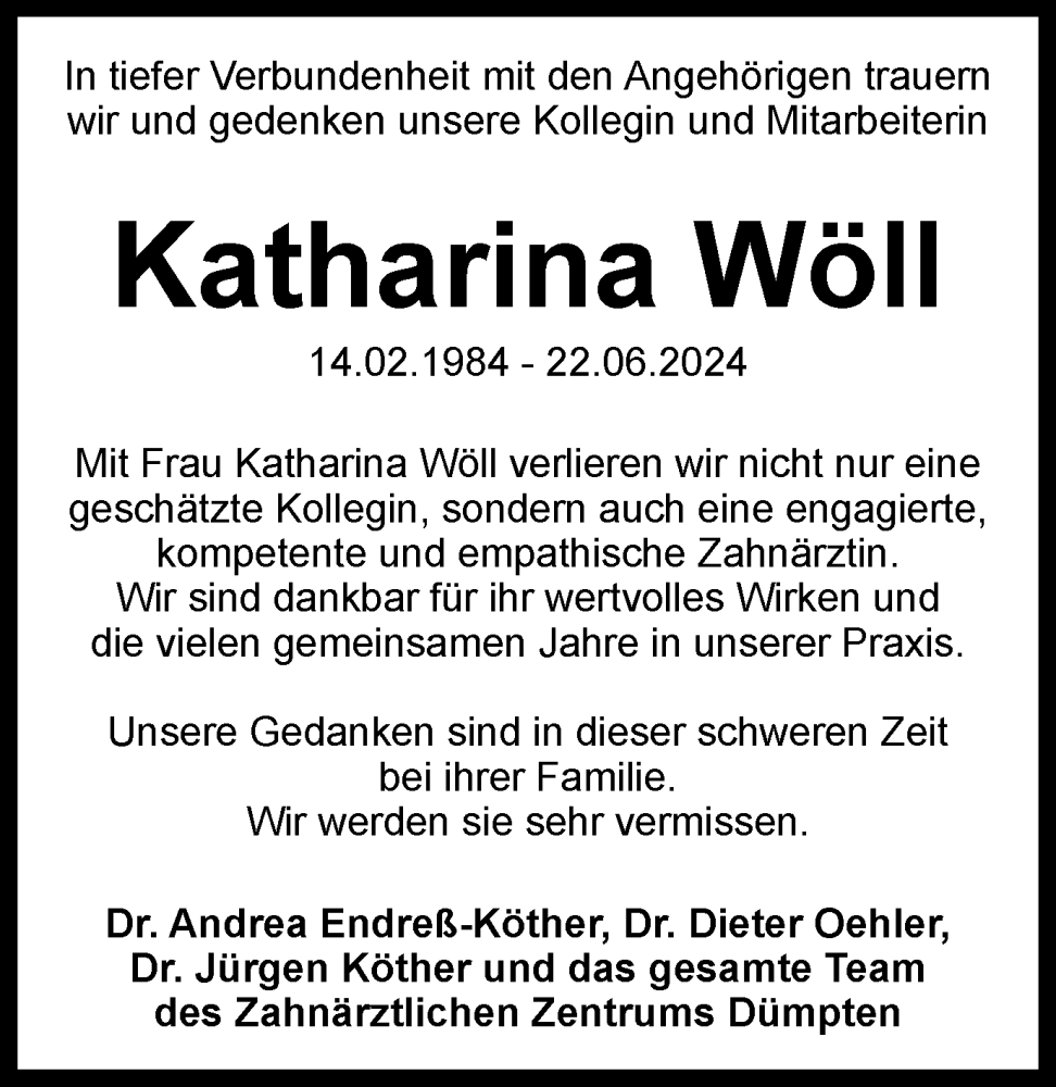  Traueranzeige für Katharina Wöll vom 06.07.2024 aus Tageszeitung