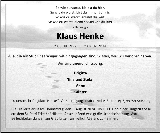 Traueranzeige von Klaus Henke von Tageszeitung