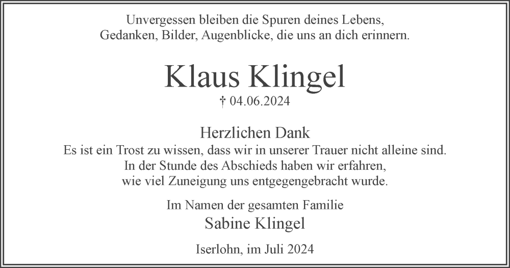  Traueranzeige für Klaus Klingel vom 13.07.2024 aus Tageszeitung