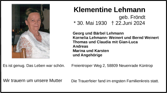 Traueranzeige von Klementine Lehmann von Tageszeitung