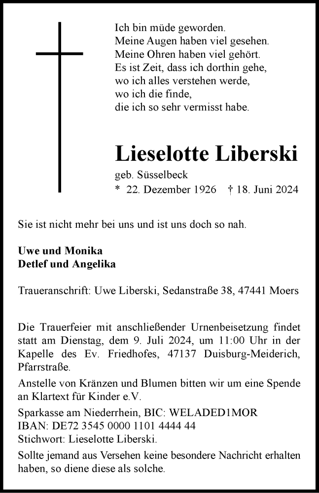  Traueranzeige für Lieselotte Liberski vom 03.07.2024 aus Tageszeitung