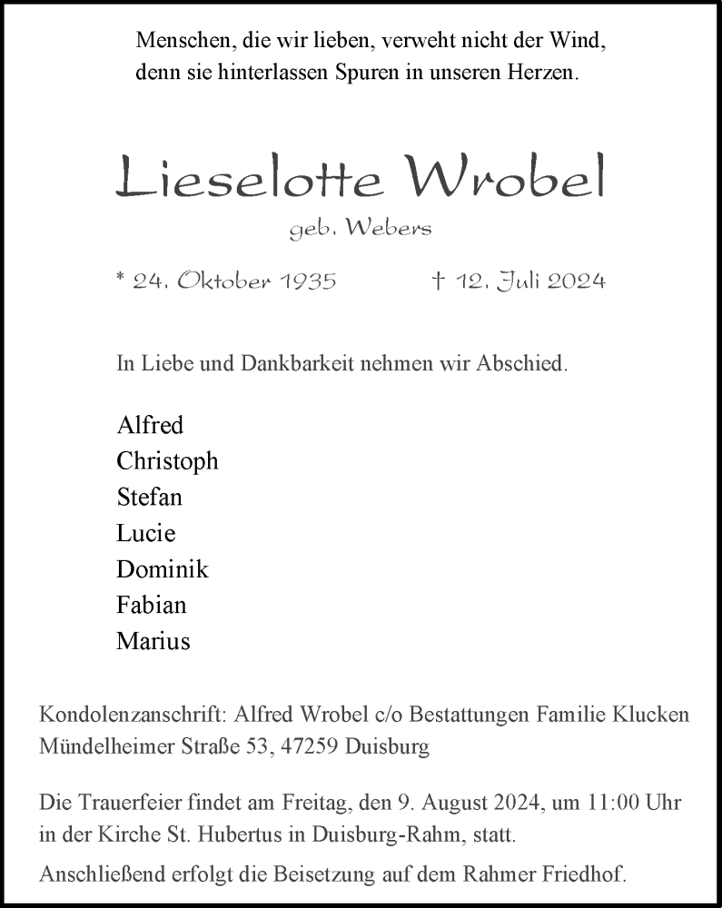  Traueranzeige für Lieselotte Wrobel vom 27.07.2024 aus Tageszeitung